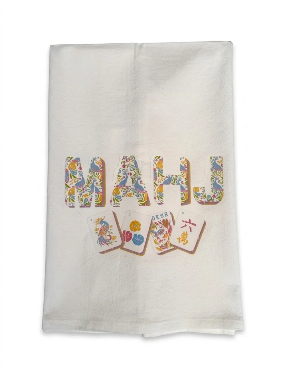 Mahjong Mahj Decorative White Tea Towel with Colorful Mahjong Motif